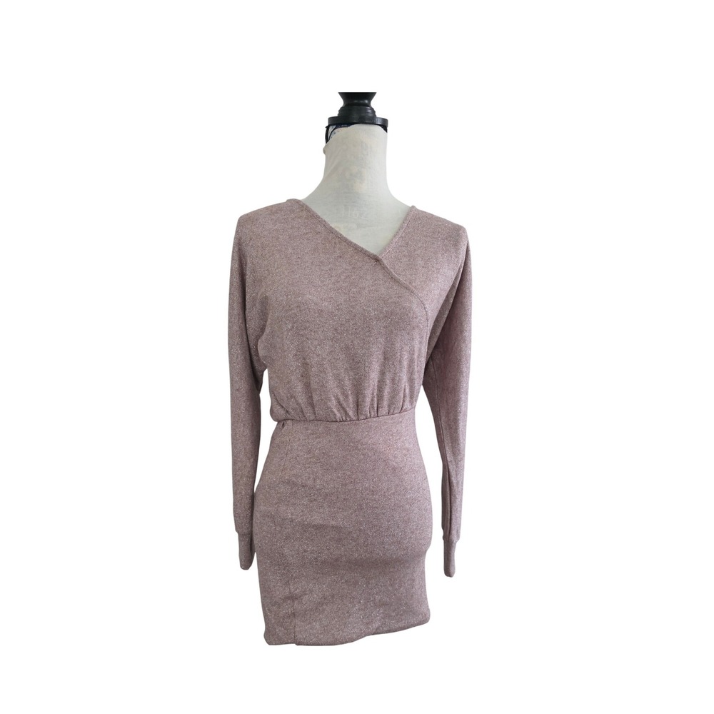 Lush Womens Mauve Pink Metallic Long Sleeve Surplice V-Neck Mini Dress Size S
